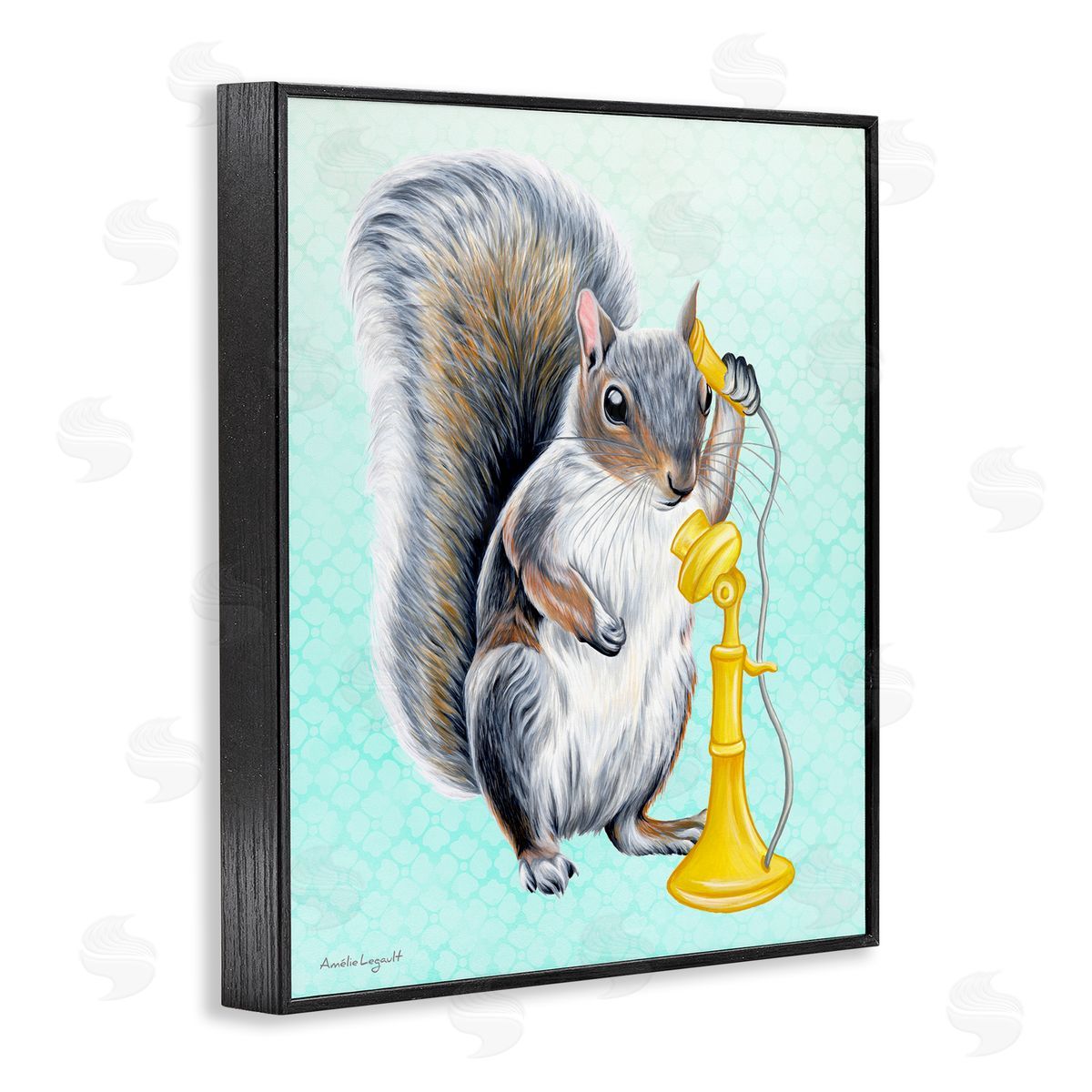 Amelie Legault Squirrel Talking Yellow Candlestick Telephone Patterned Shapes Black Framed Giclee Wall Art Print