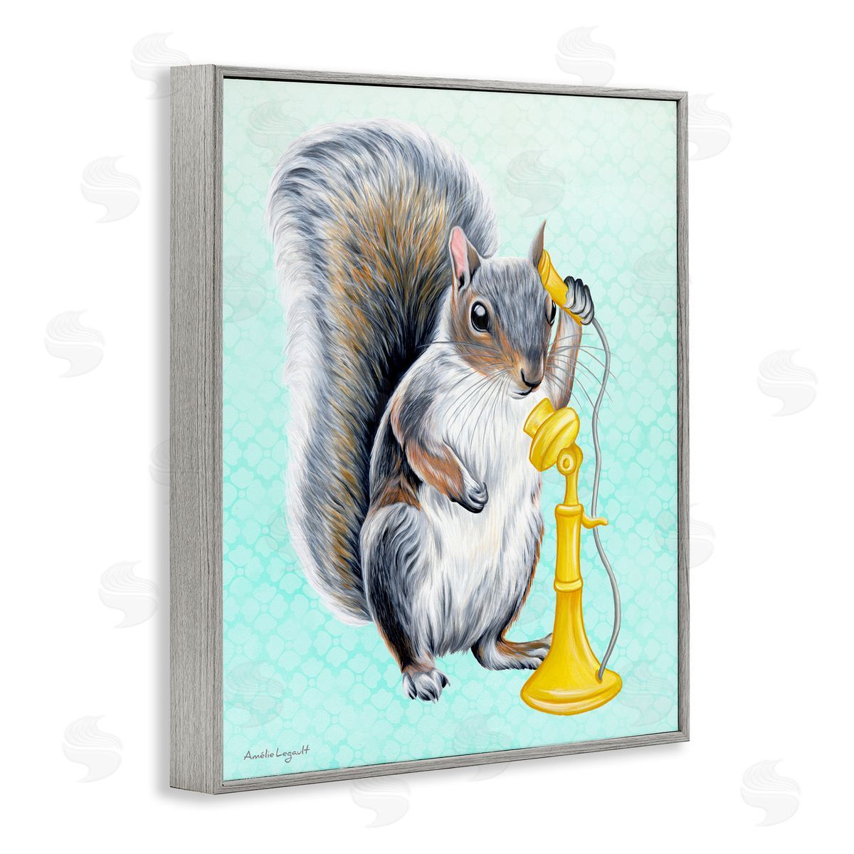 Amelie Legault Squirrel Talking Yellow Candlestick Telephone Patterned Shapes Gray Framed Giclee Wall Art Print
