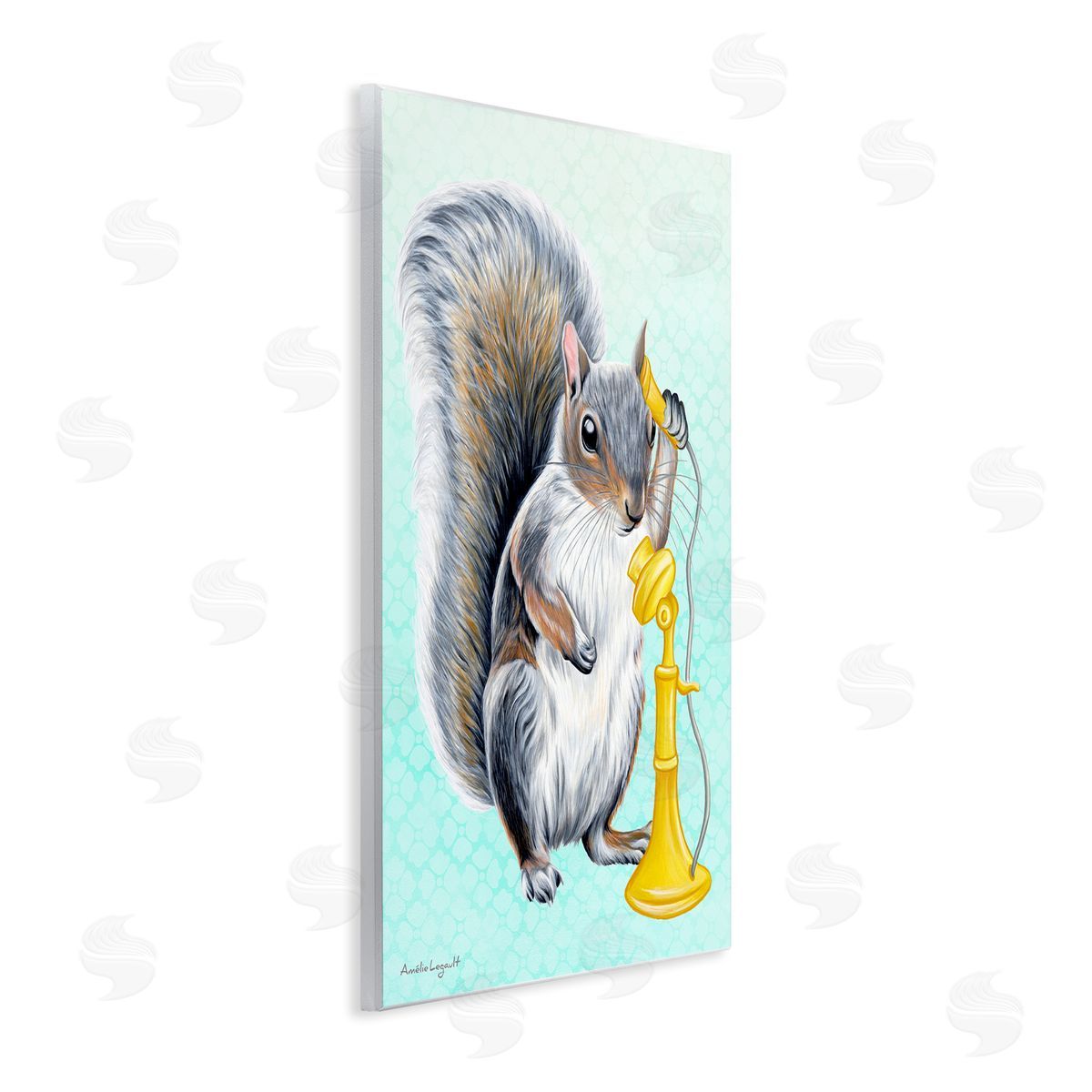 Amelie Legault Squirrel Talking Yellow Candlestick Telephone Patterned Shapes Wall Plaque Art Print