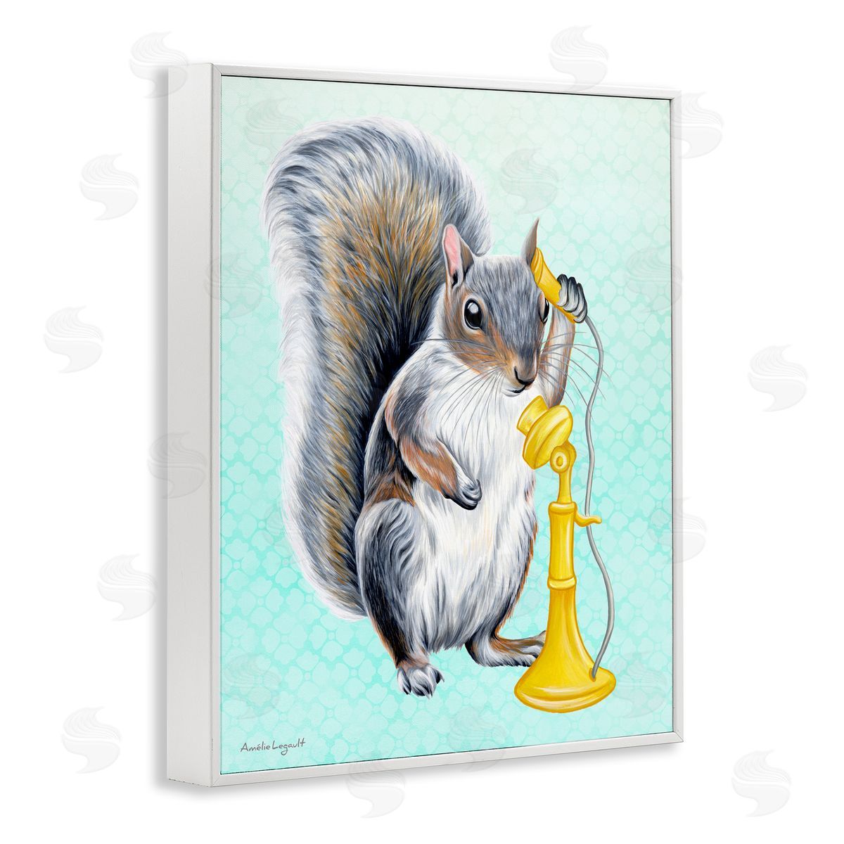 Amelie Legault Squirrel Talking Yellow Candlestick Telephone Patterned Shapes White Framed Giclee Wall Art Print