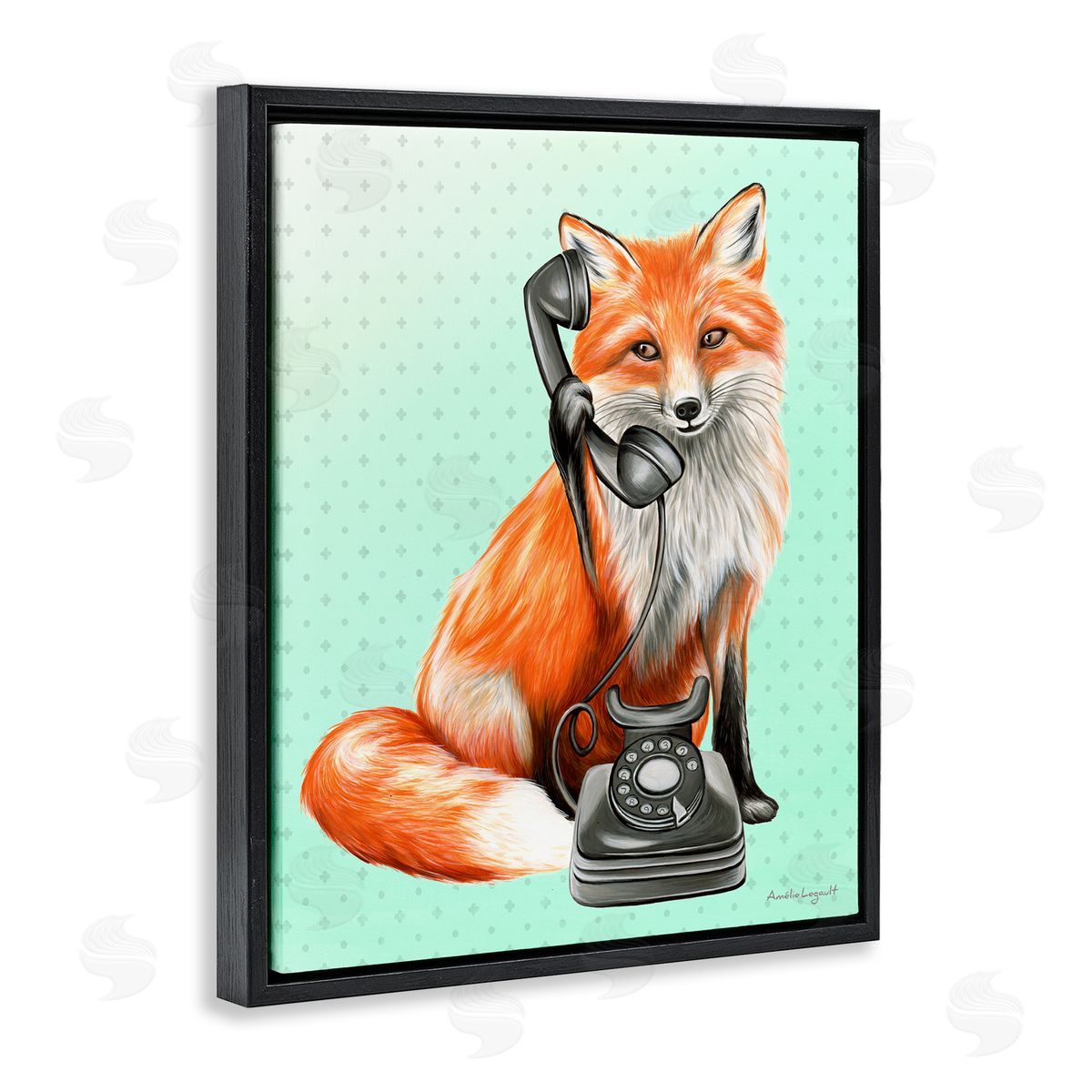 Amelie Legault Red Fox Vintage Phone Dotted Ombre Pattern Black Floating Frame Canvas Wall Art Print