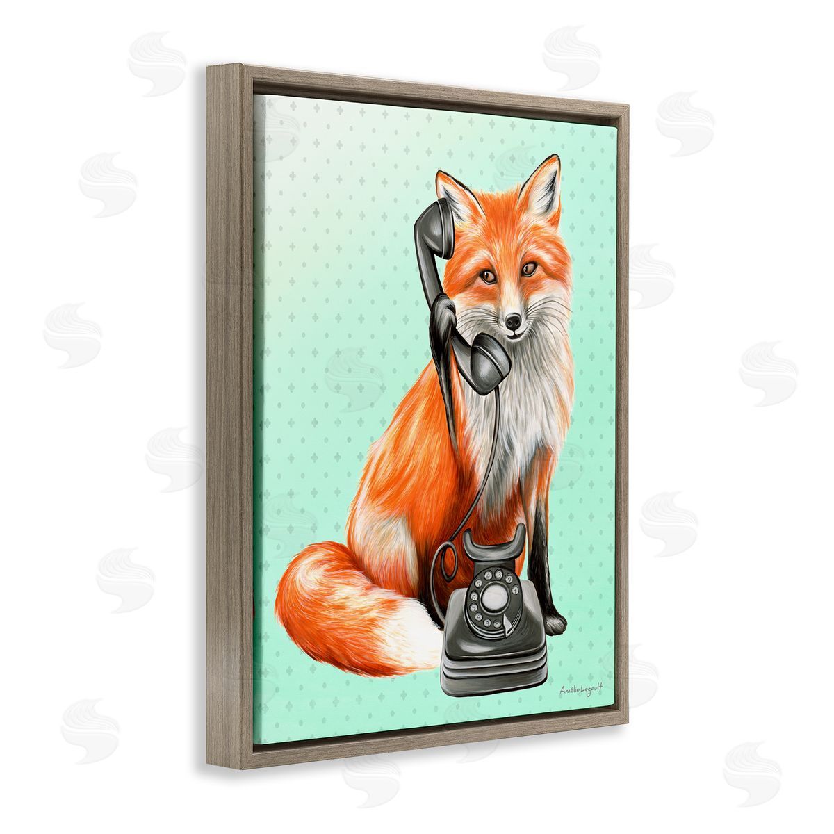 Amelie Legault Red Fox Vintage Phone Dotted Ombre Pattern Brown Floating Frame Canvas Wall Art Print