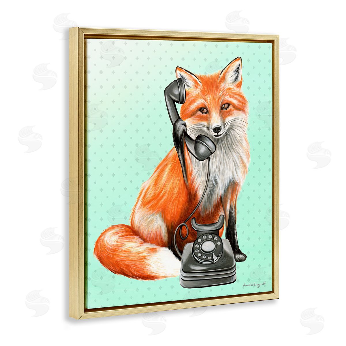 Amelie Legault Red Fox Vintage Phone Dotted Ombre Pattern Gold Floating Frame Canvas Wall Art Print