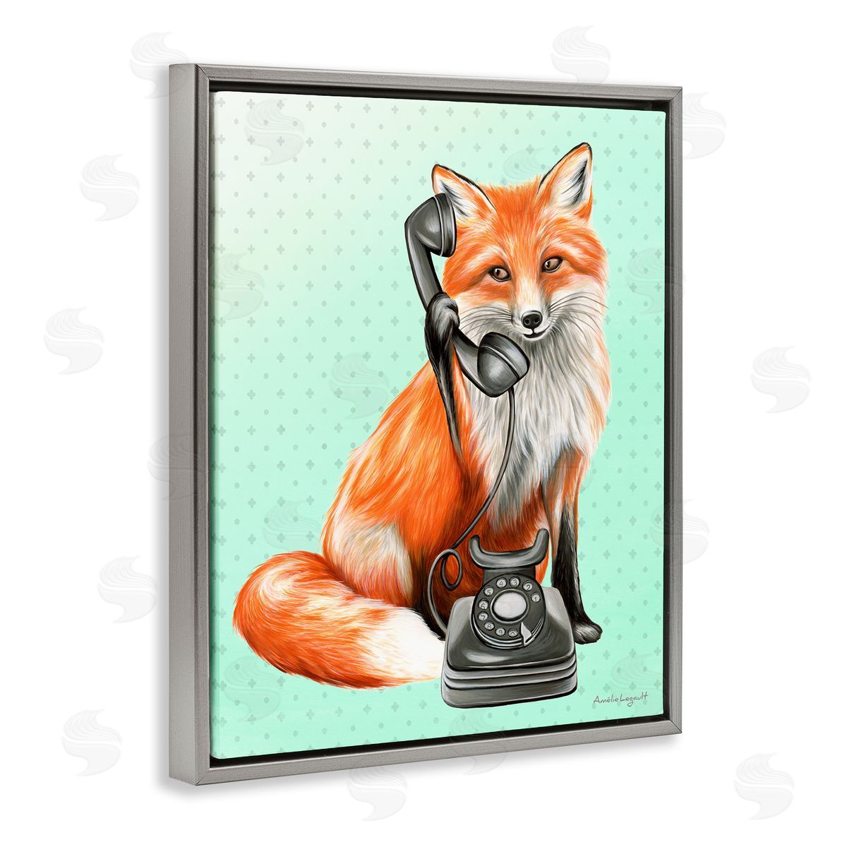 Amelie Legault Red Fox Vintage Phone Dotted Ombre Pattern Gray Floating Frame Canvas Wall Art Print