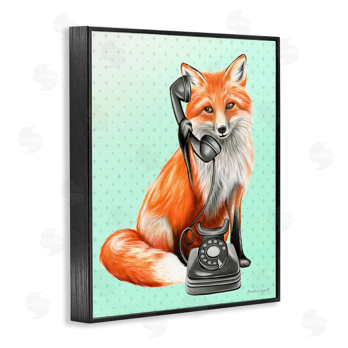 Amelie Legault Red Fox Vintage Phone Dotted Ombre Pattern Black Framed Giclee Wall Art Print