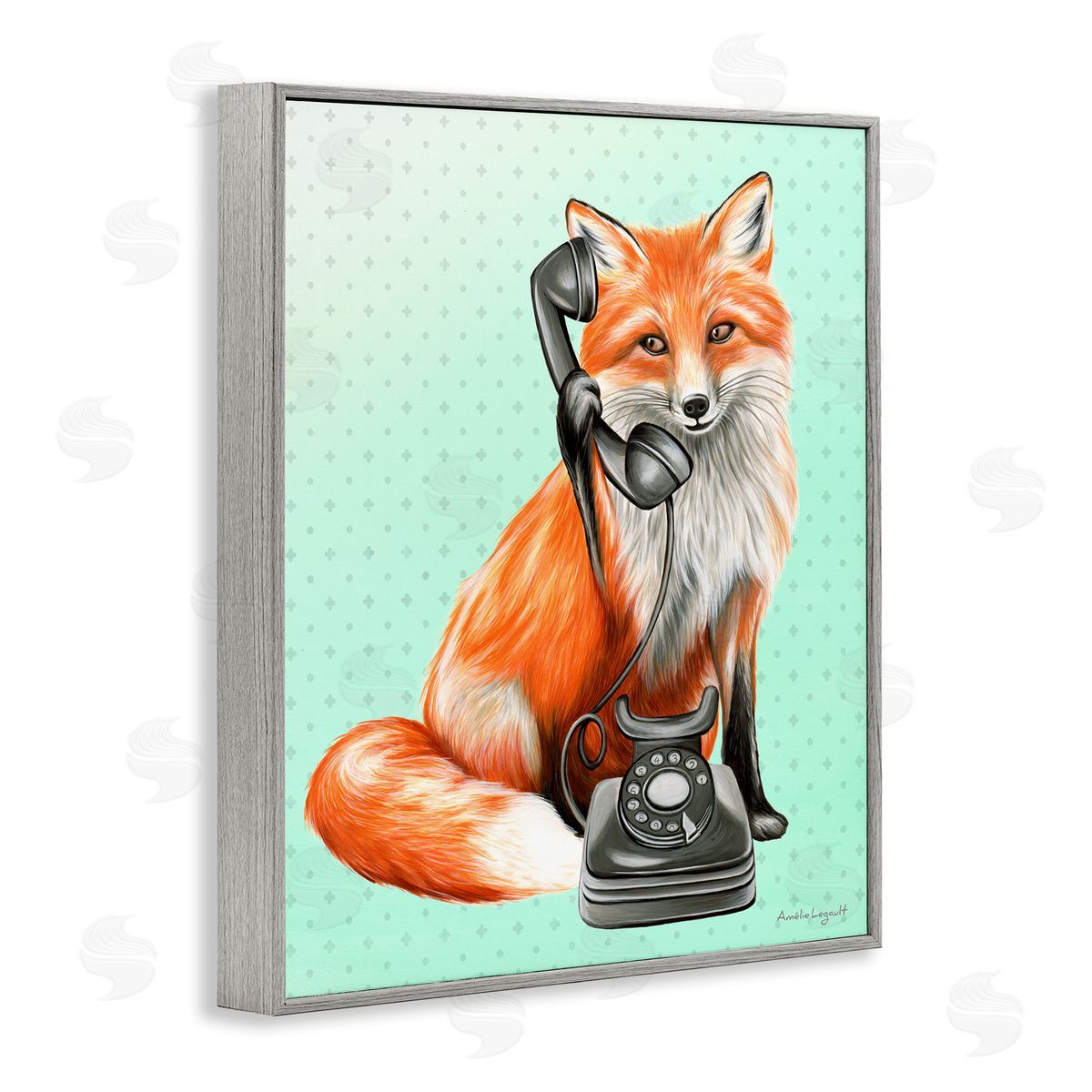 Amelie Legault Red Fox Vintage Phone Dotted Ombre Pattern Gray Framed Giclee Wall Art Print