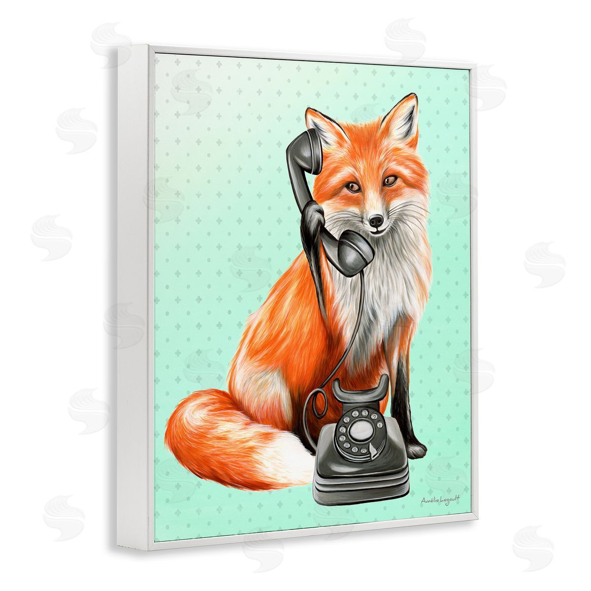 Amelie Legault Red Fox Vintage Phone Dotted Ombre Pattern White Framed Giclee Wall Art Print