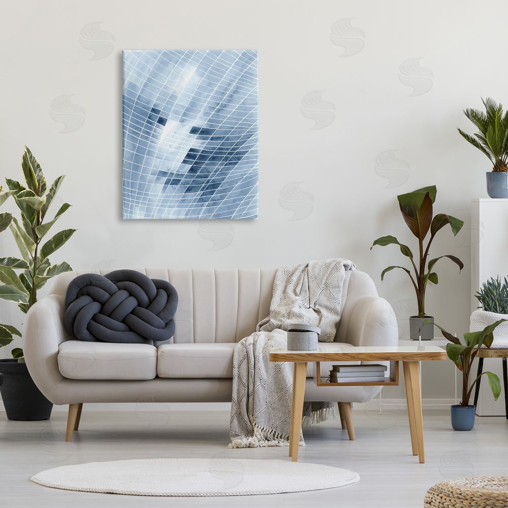Regina Moore Modern Warped Blue Square Shapes White Lines Canvas Wall Art Print in Room