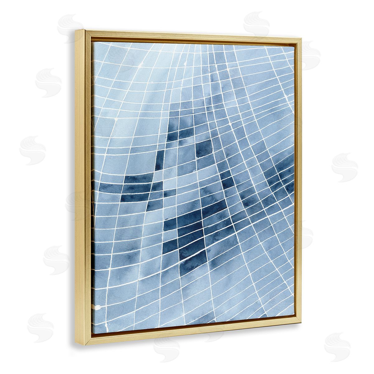 Regina Moore Abstract Blue Squares Shapes Modern White Outlines  Gold Floating Frame Canvas Wall Art Print