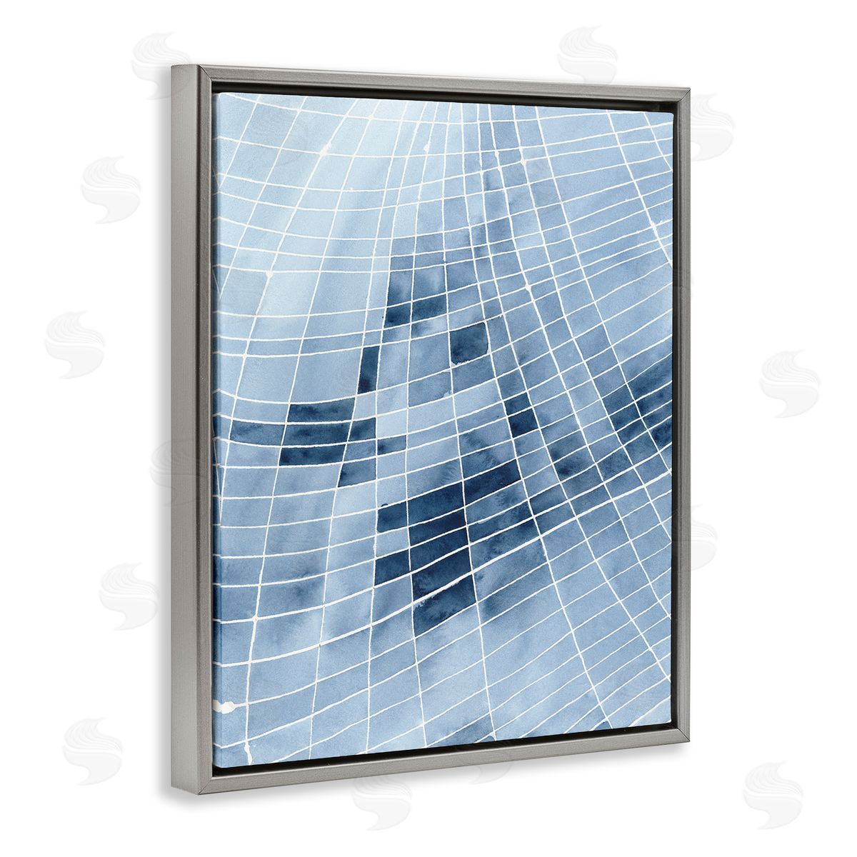 Regina Moore Abstract Blue Squares Shapes Modern White Outlines  Gray Floating Frame Canvas Wall Art Print