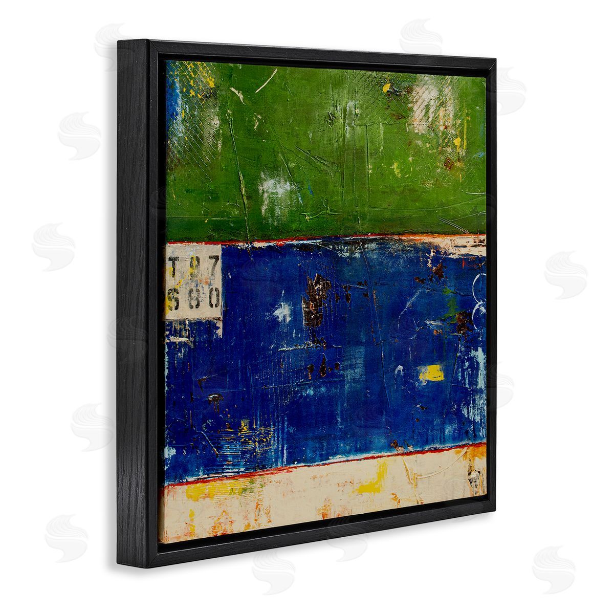 Erin Ashley Green Blue Striped Street Style Stencil Rustic Abstract  Black Floating Frame Canvas Wall Art Print