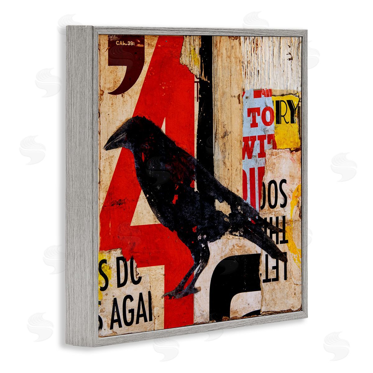 Erin Ashley Stenciled Street Style Black Bird Layered Abstract Words Gray Framed Glicee Wall Art Print