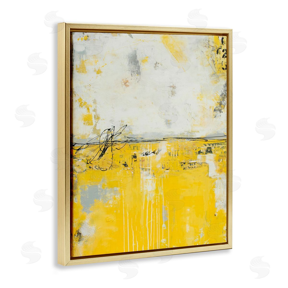 Erin Ashley Yellow Weathered Street Modern Scribble Stencil Gold Floating Frame Canvas Wall Art Print