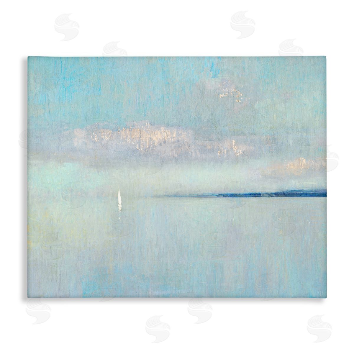 Katie Swatland Atmospheric Cloudy Ocean Scenery Lone Sailboat Floating Stretched Canvas Wall Art Print