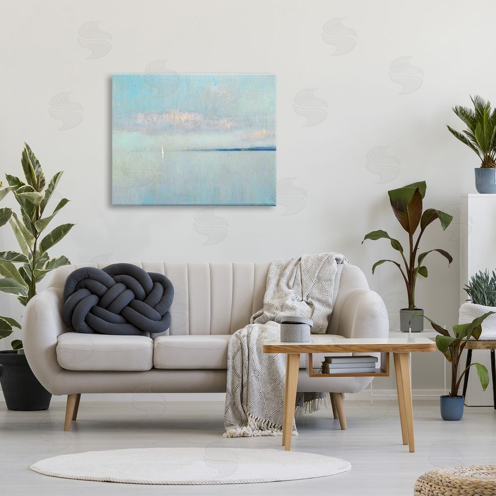 Katie Swatland Atmospheric Cloudy Ocean Scenery Lone Sailboat Floating Canvas Wall Art Print in Room