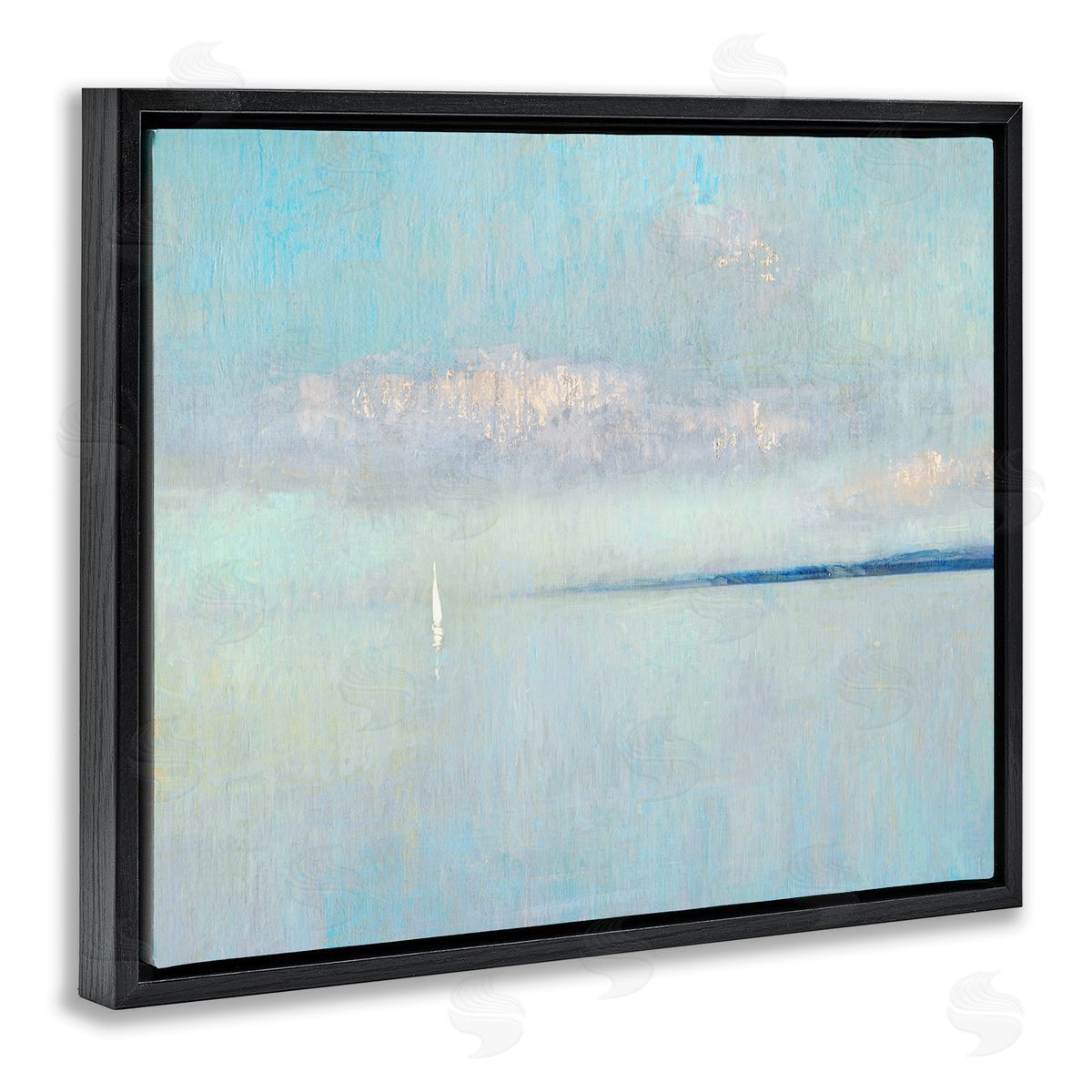 Katie Swatland Atmospheric Cloudy Ocean Scenery Lone Sailboat Floating Black Floating Frame Canvas Wall Art Print