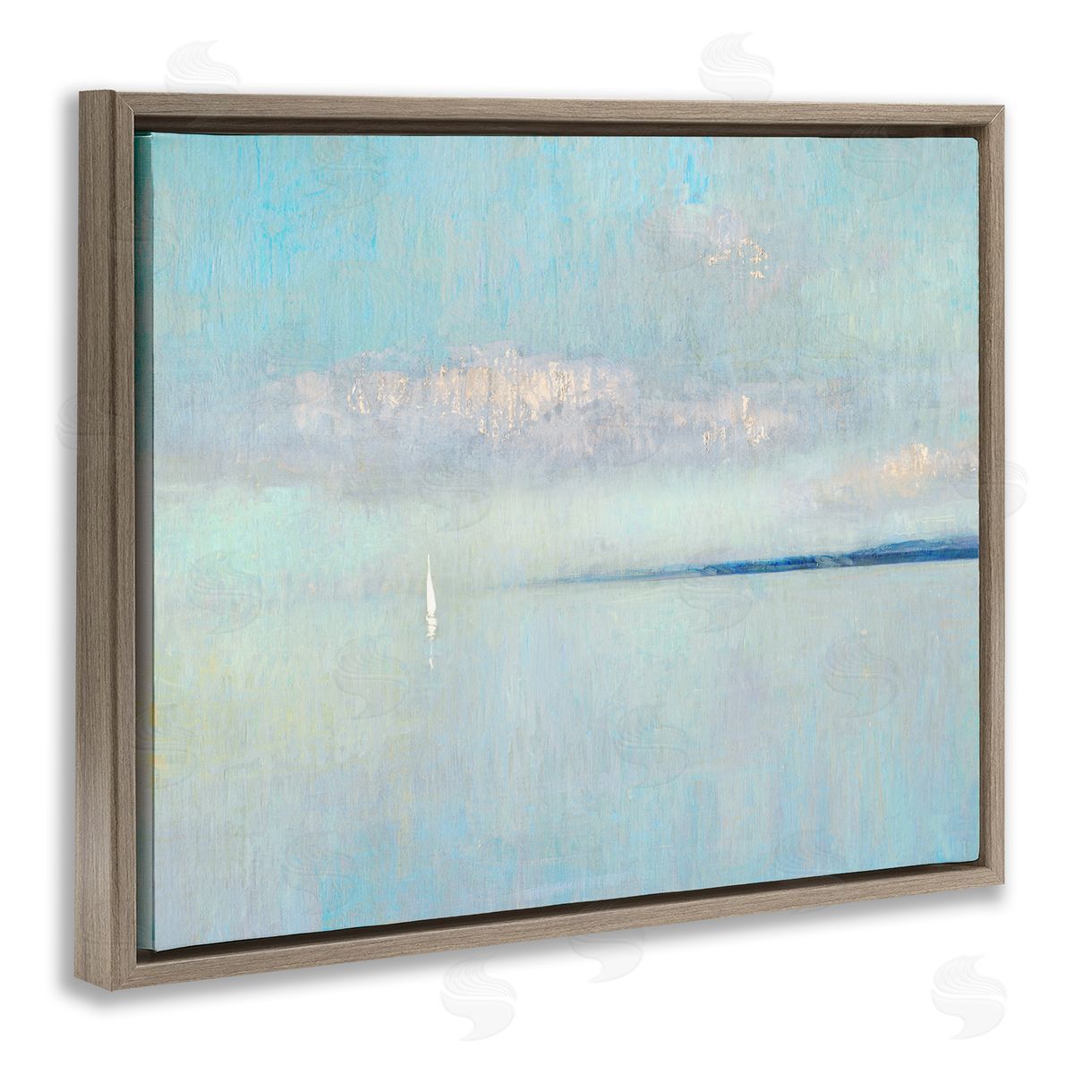 Katie Swatland Atmospheric Cloudy Ocean Scenery Lone Sailboat Floating Brown Floating Frame Canvas Wall Art Print