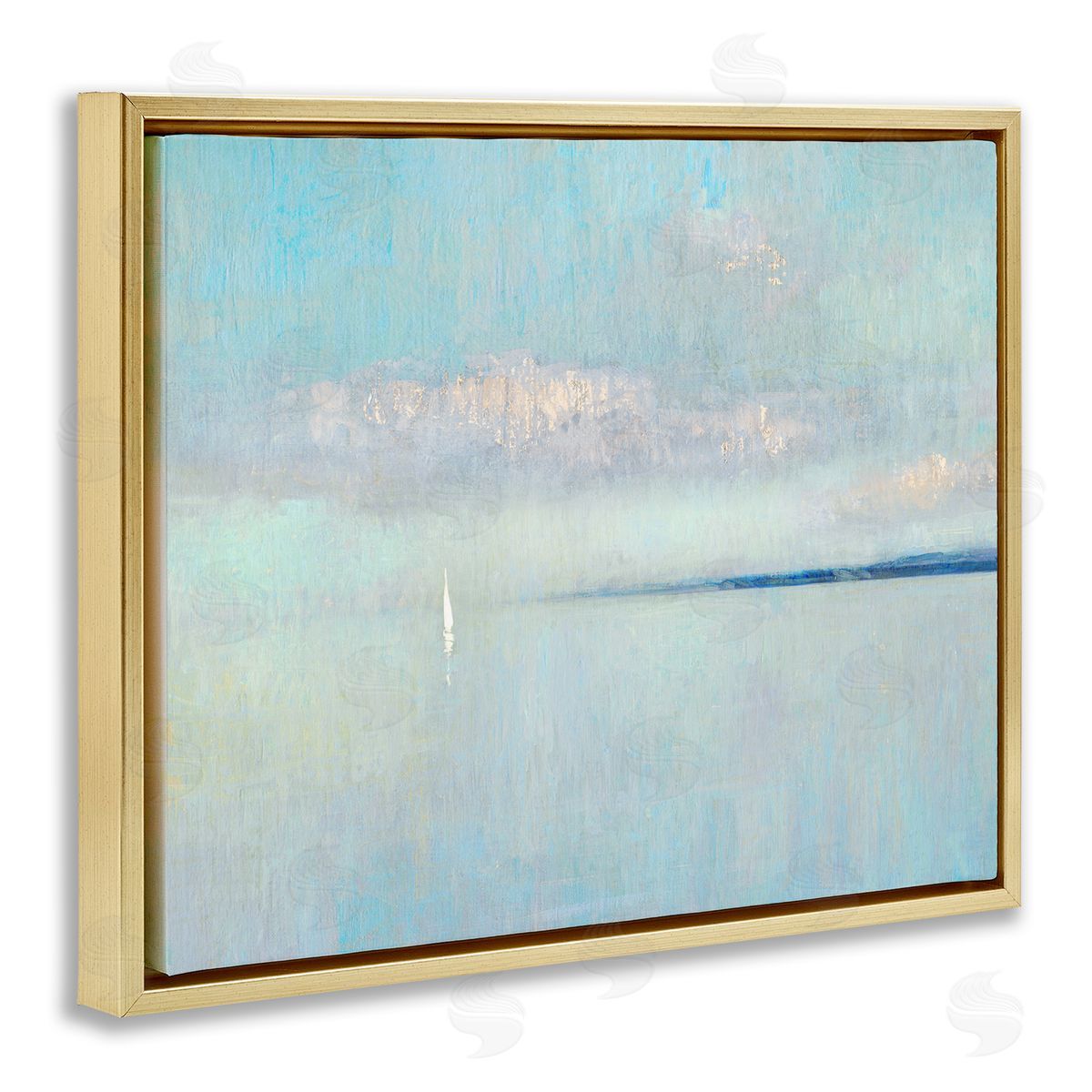 Katie Swatland Atmospheric Cloudy Ocean Scenery Lone Sailboat Floating Gold Floating Frame Canvas Wall Art Print