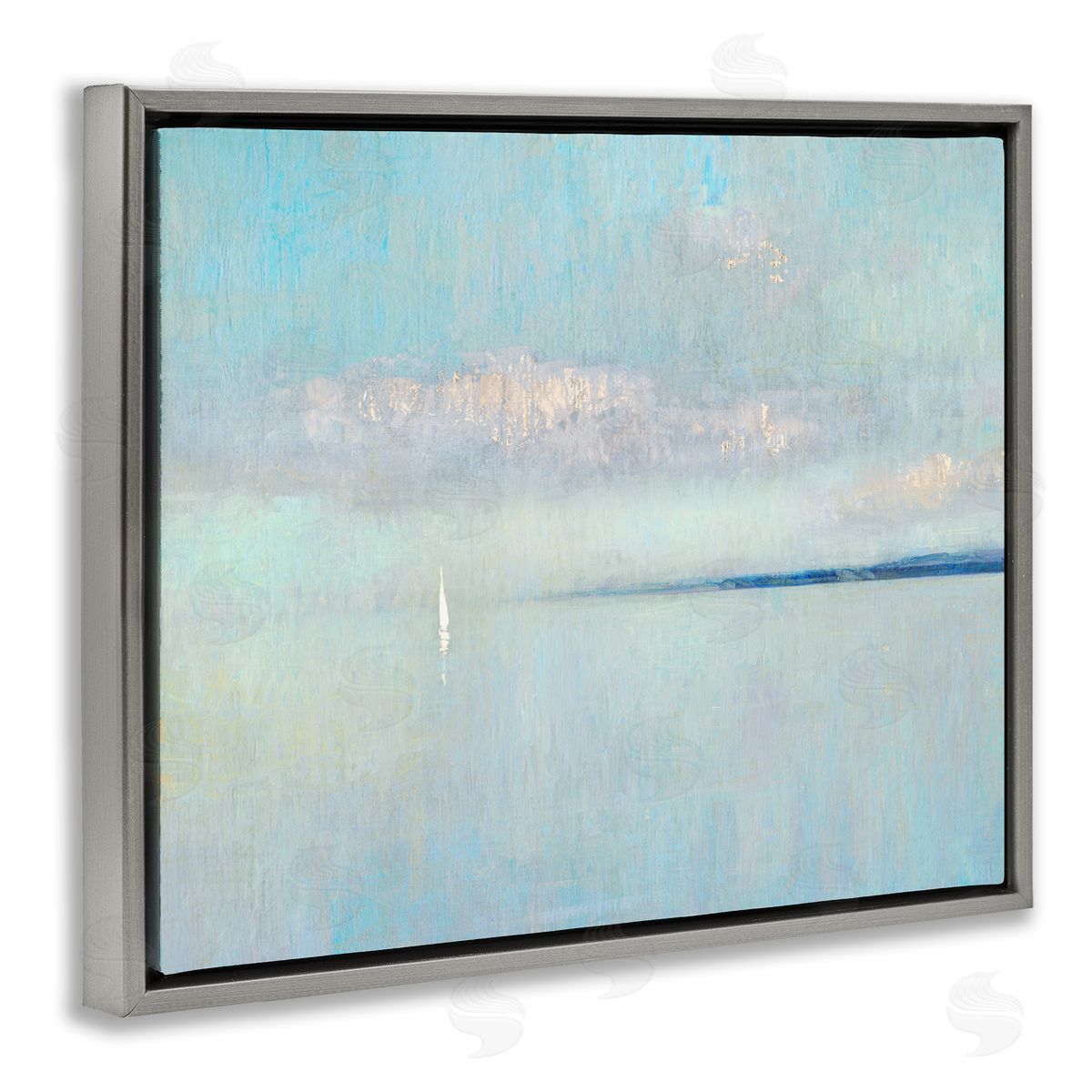 Katie Swatland Atmospheric Cloudy Ocean Scenery Lone Sailboat Floating Gray Floating Frame Canvas Wall Art Print