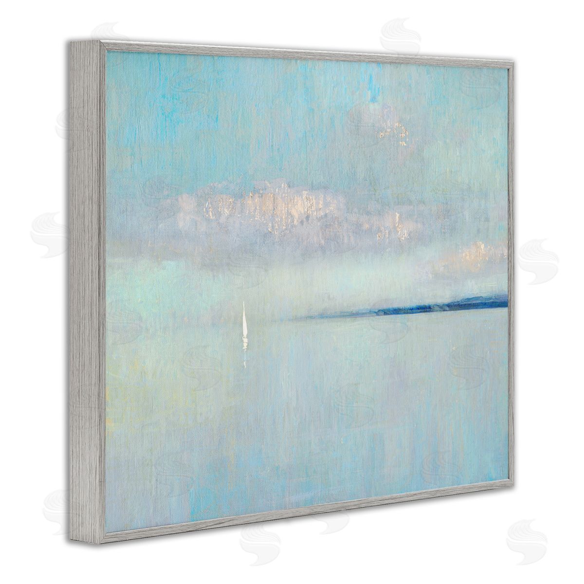 Katie Swatland Atmospheric Cloudy Ocean Scenery Lone Sailboat Floating Gray Framed Giclee Wall Art Print