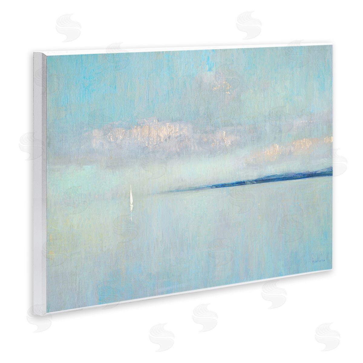 Katie Swatland Atmospheric Cloudy Ocean Scenery Lone Sailboat Floating Wall Plaque Art Print