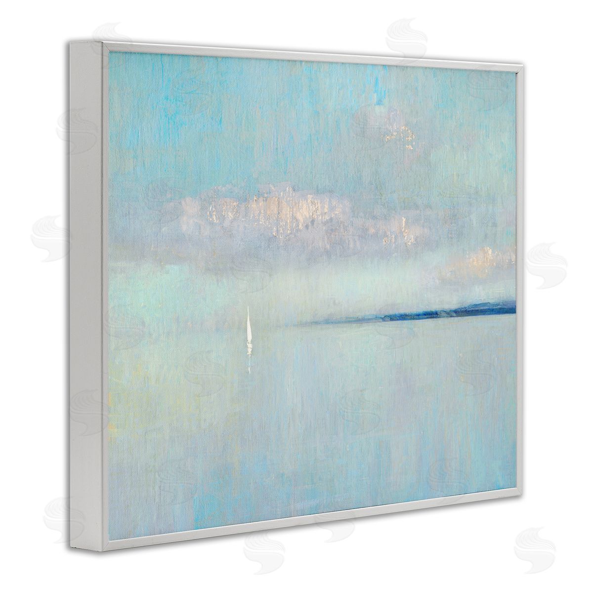 Katie Swatland Atmospheric Cloudy Ocean Scenery Lone Sailboat Floating White Framed Giclee Wall Art Print