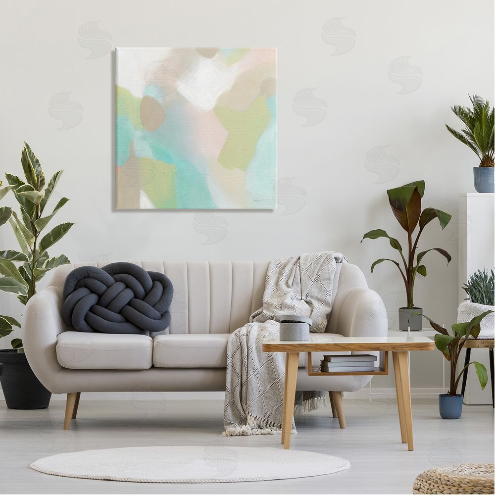 Carol Robinson Modern Fluid Pastel Shapes Soft Green Accent Canvas Wall Art in Room
