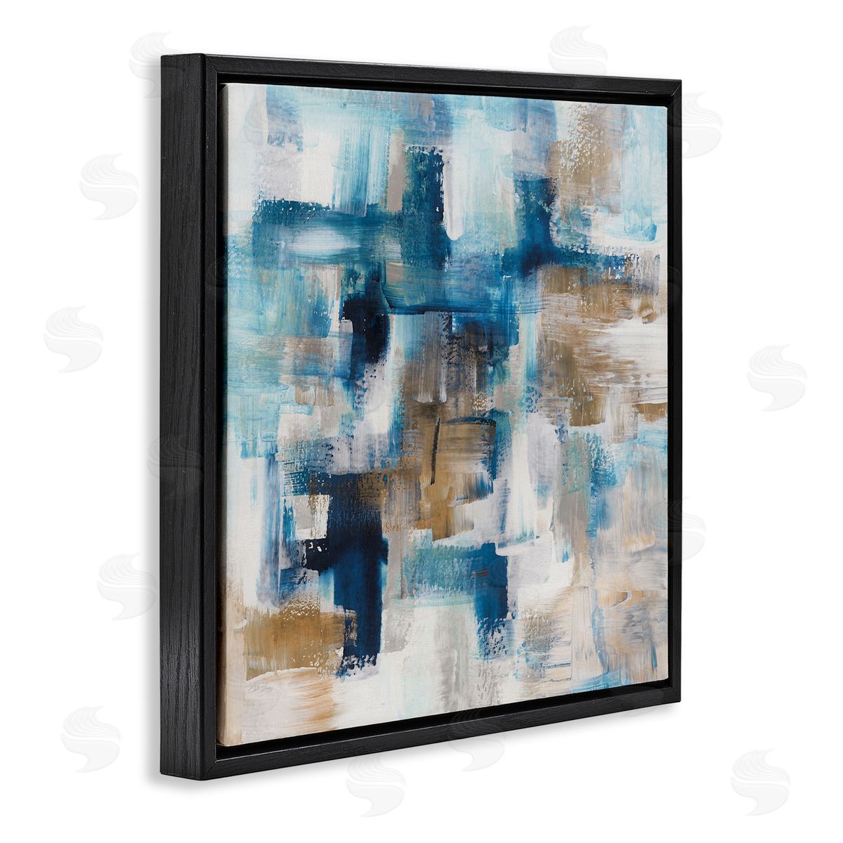 Stella Chang Dynamic Blocked Blue Square Brushstrokes Modern Design Black Floating Frame Canvas Wall Art Print