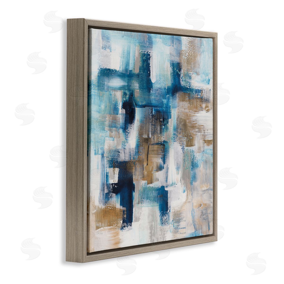 Stella Chang Dynamic Blocked Blue Square Brushstrokes Modern Design Brown Floating Frame Canvas Wall Art Print