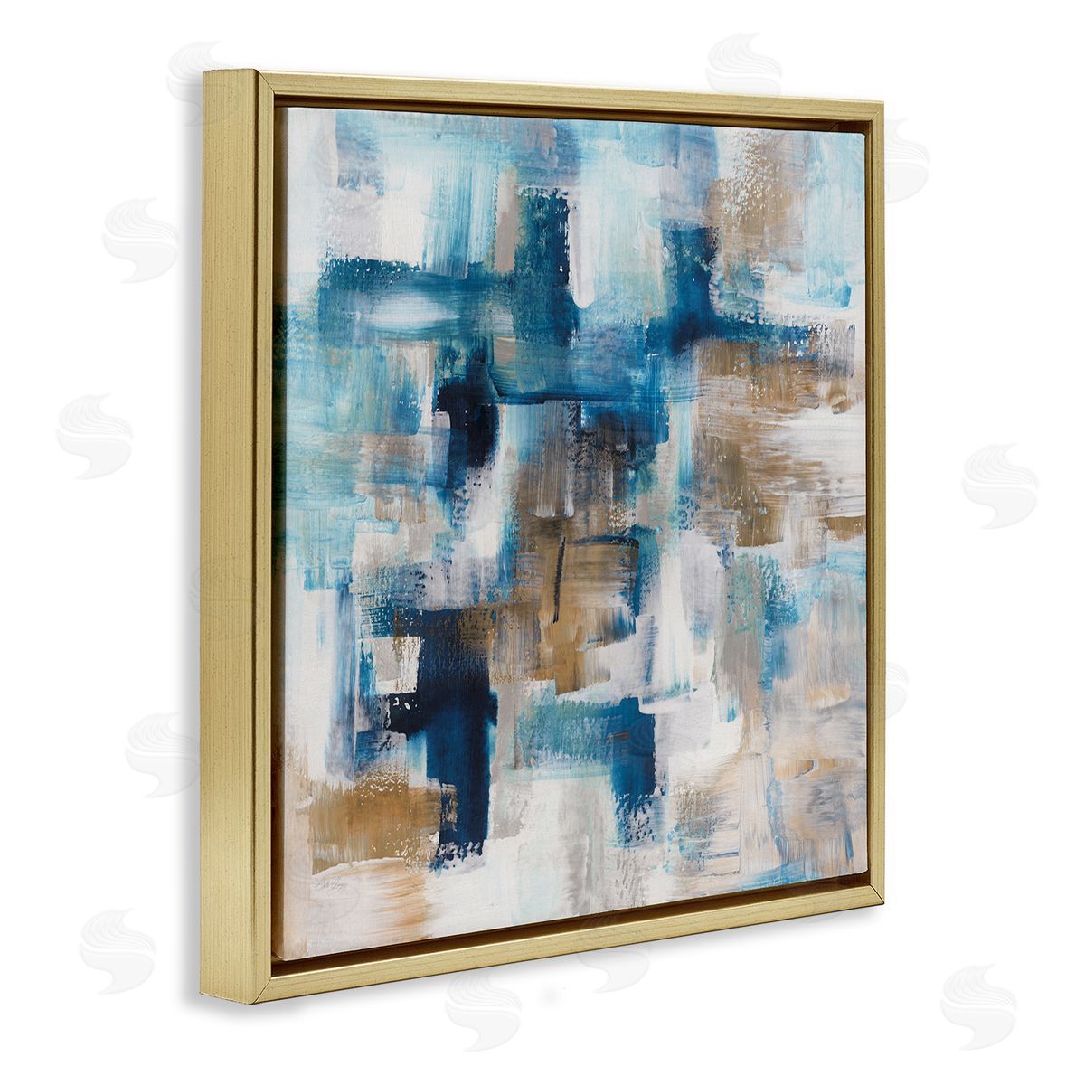 Stella Chang Dynamic Blocked Blue Square Brushstrokes Modern Design Gold Floating Frame Canvas Wall Art Print