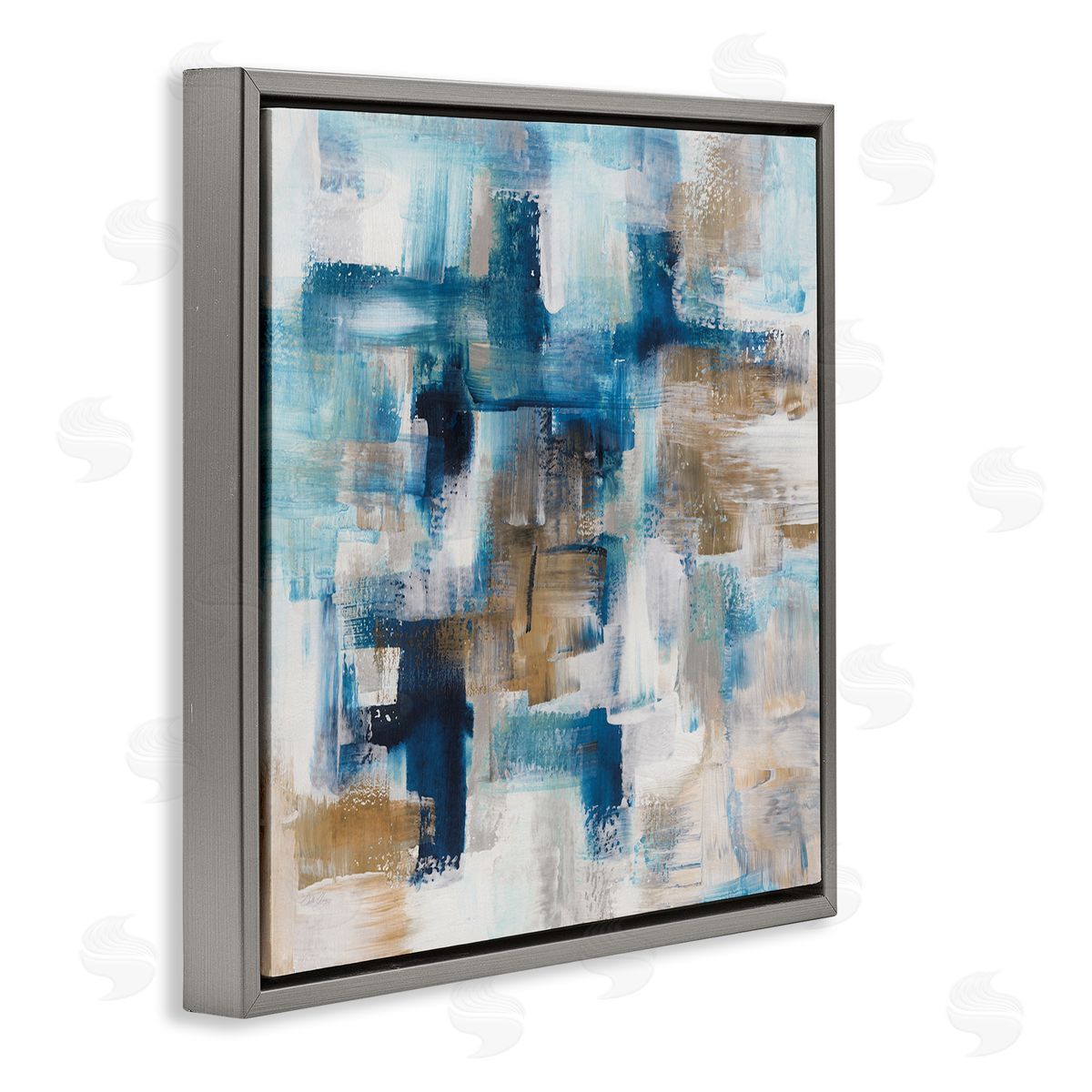Stella Chang Dynamic Blocked Blue Square Brushstrokes Modern Design Gray Floating Frame Canvas Wall Art Print
