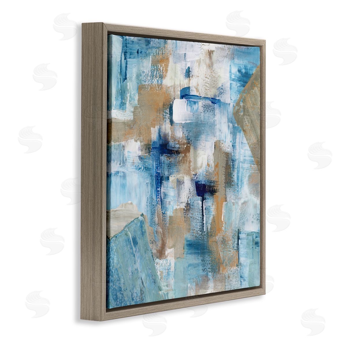 Stella Chang Layered Blue Brown Shapes Blocked Abstract Pattern Brown Floating Frame Canvas Wall Art Print