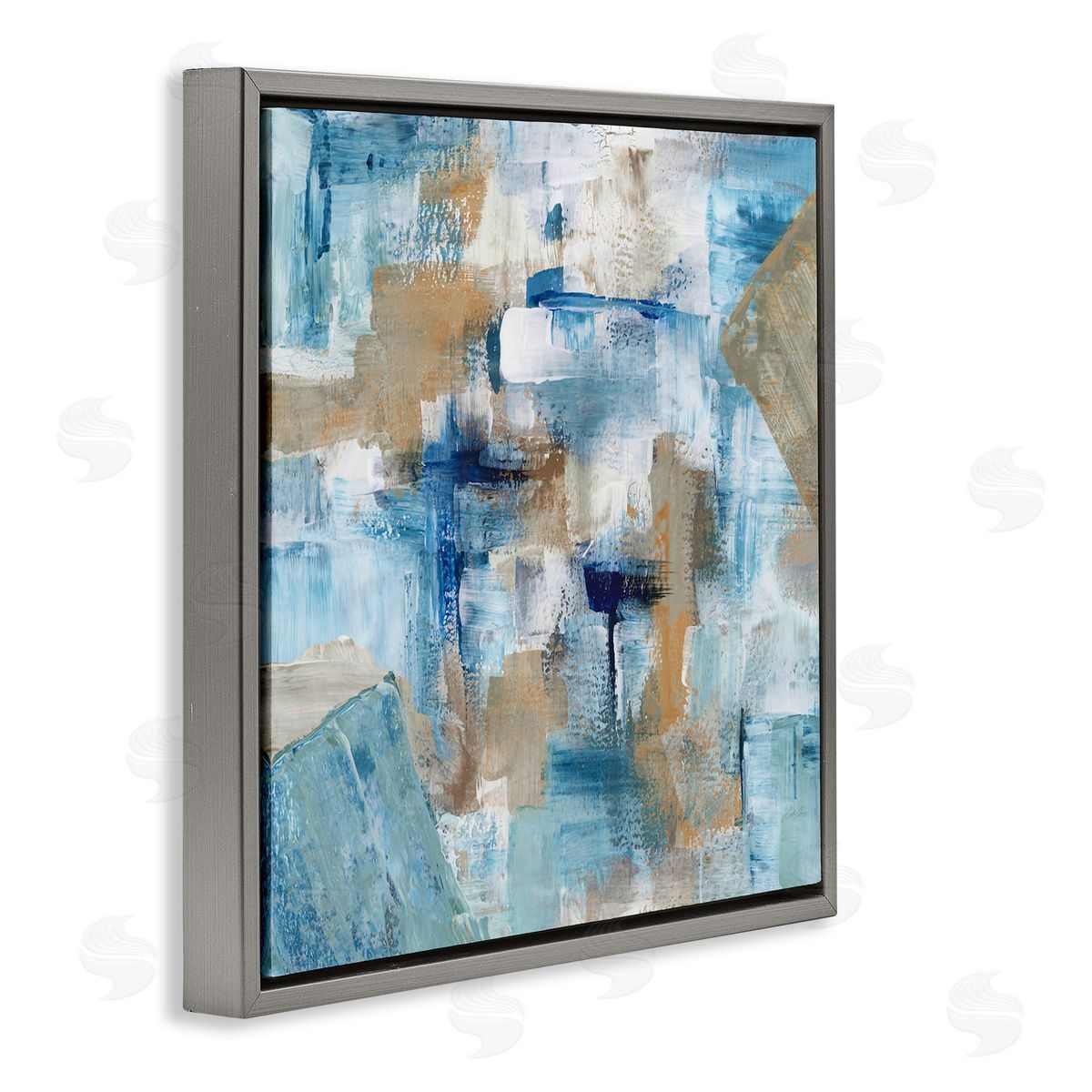 Stella Chang Layered Blue Brown Shapes Blocked Abstract Pattern Gray Floating Frame Canvas Wall Art Print