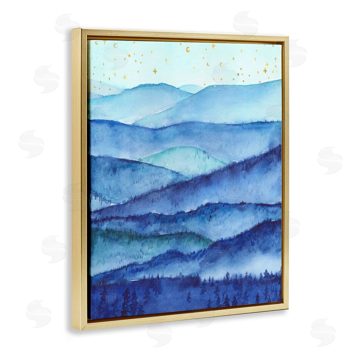 Blue Mountains & Trees Scenery Gold Floating Frame Canvas Wall Art, Home Decor by Arrolynn Weiderhold