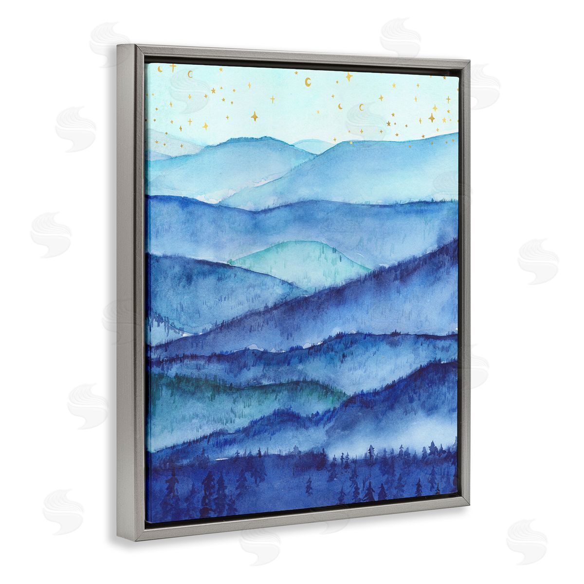 Blue Mountains & Trees Scenery Grey Floating Frame Canvas Wall Art, Home Decor by Arrolynn Weiderhold