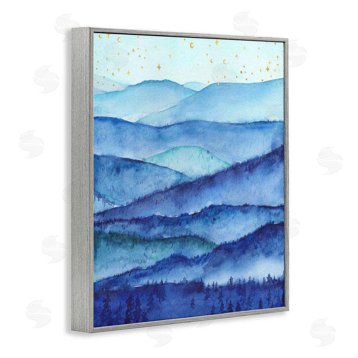 Blue Mountains & Trees Scenery Grey Frame Print Wall Art, Home Decor by Arrolynn Weiderhold