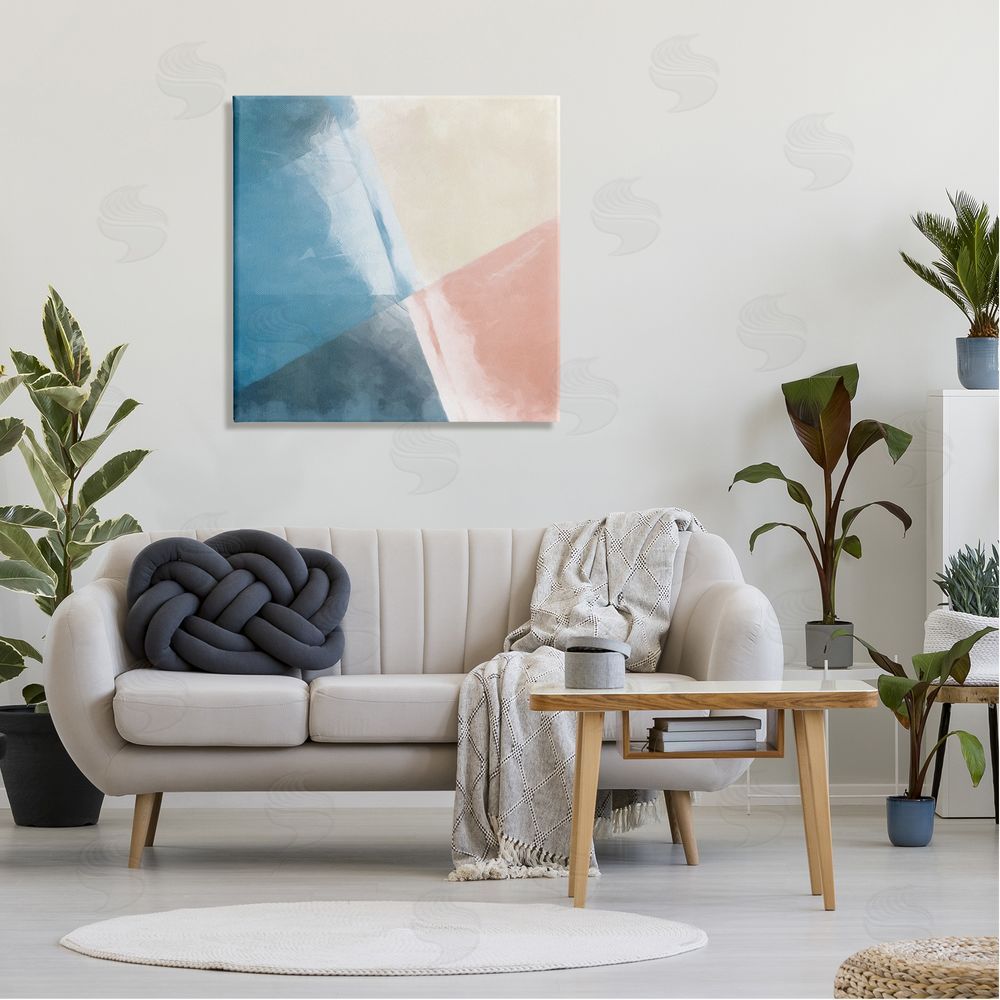 Graffitee Studios Modern Angled Shapes Pale Pink Blue Design Canvas Wall Art in Room