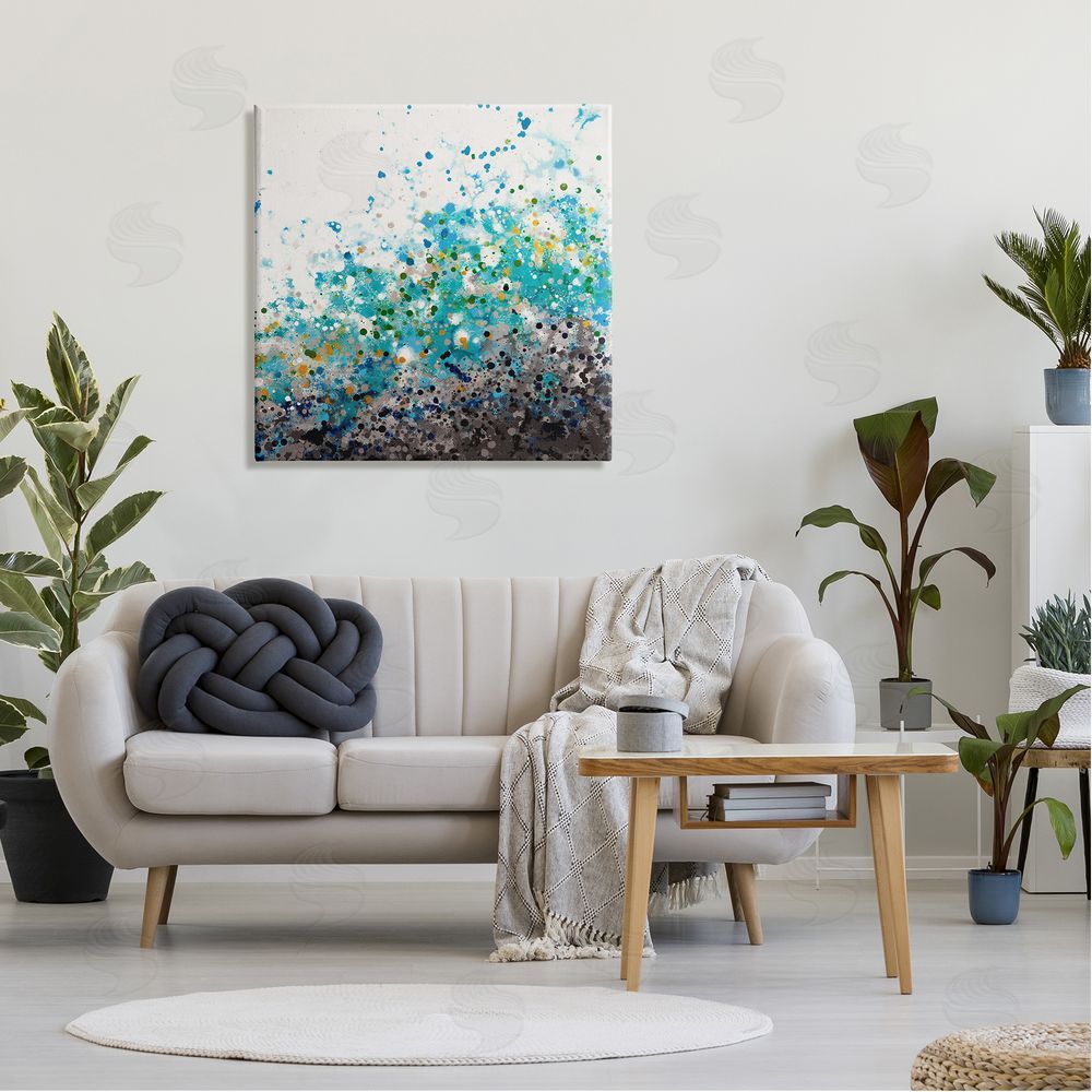 Hilary Winfield Abstract Paint Speckles Dots Bold Blues Yellows Canvas Wall Art in Room