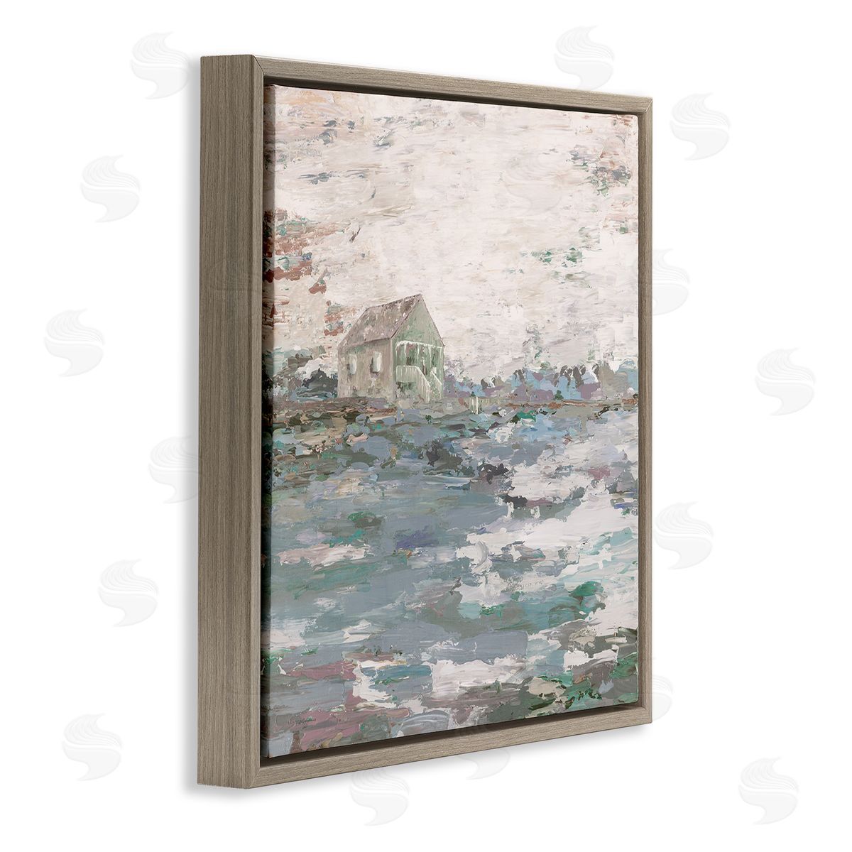 Kamdon Kreations Mysterious Abstract Landscape Lone House Rural Field Brown Floating Frame Canvas Wall Art Print