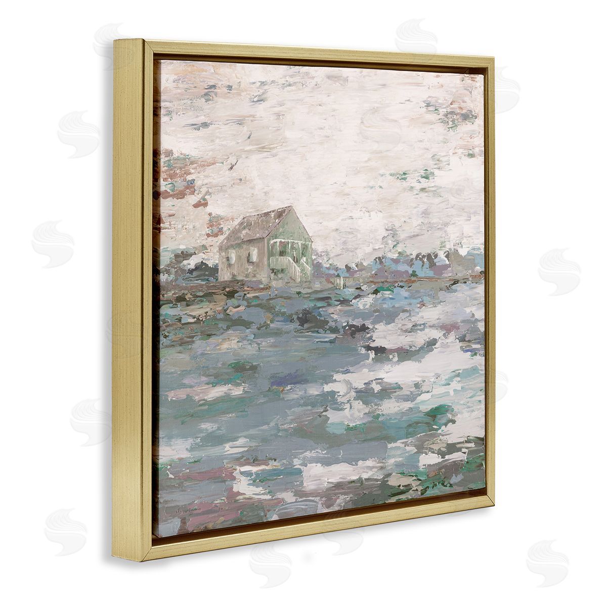 Kamdon Kreations Mysterious Abstract Landscape Lone House Rural Field Gold Floating Frame Canvas Wall Art Print