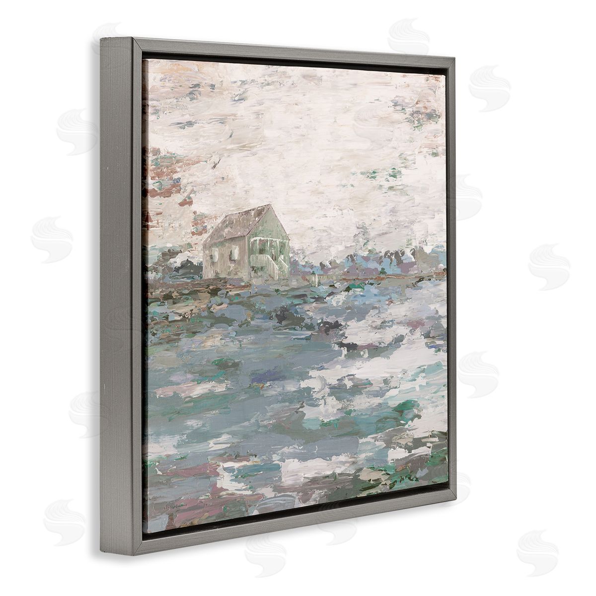 Kamdon Kreations Mysterious Abstract Landscape Lone House Rural Field Gray Floating Frame Canvas Wall Art Print