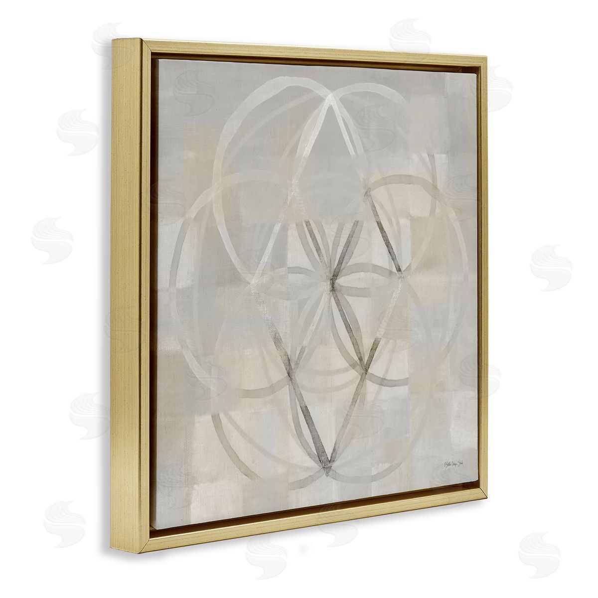 Stellar Design Studio Circular Fractal Abstract Neutral Tones Patterned Squares Gold Floating Frame Canvas Wall Art Print