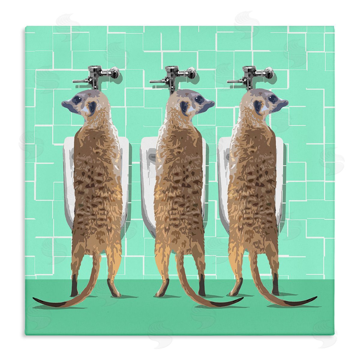 Noah Bay Funny Meerkats Using Urinal Toilet Green Shapes Pattern Stretched Canvas Wall Art Print