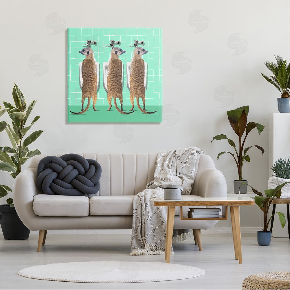 Noah Bay Funny Meerkats Using Urinal Toilet Green Shapes Pattern Canvas Wall Art in Room