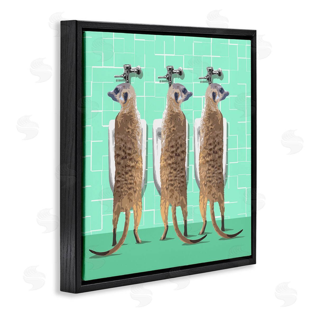Noah Bay Funny Meerkats Using Urinal Toilet Green Shapes Pattern Black Floating Frame Canvas Wall Art Print