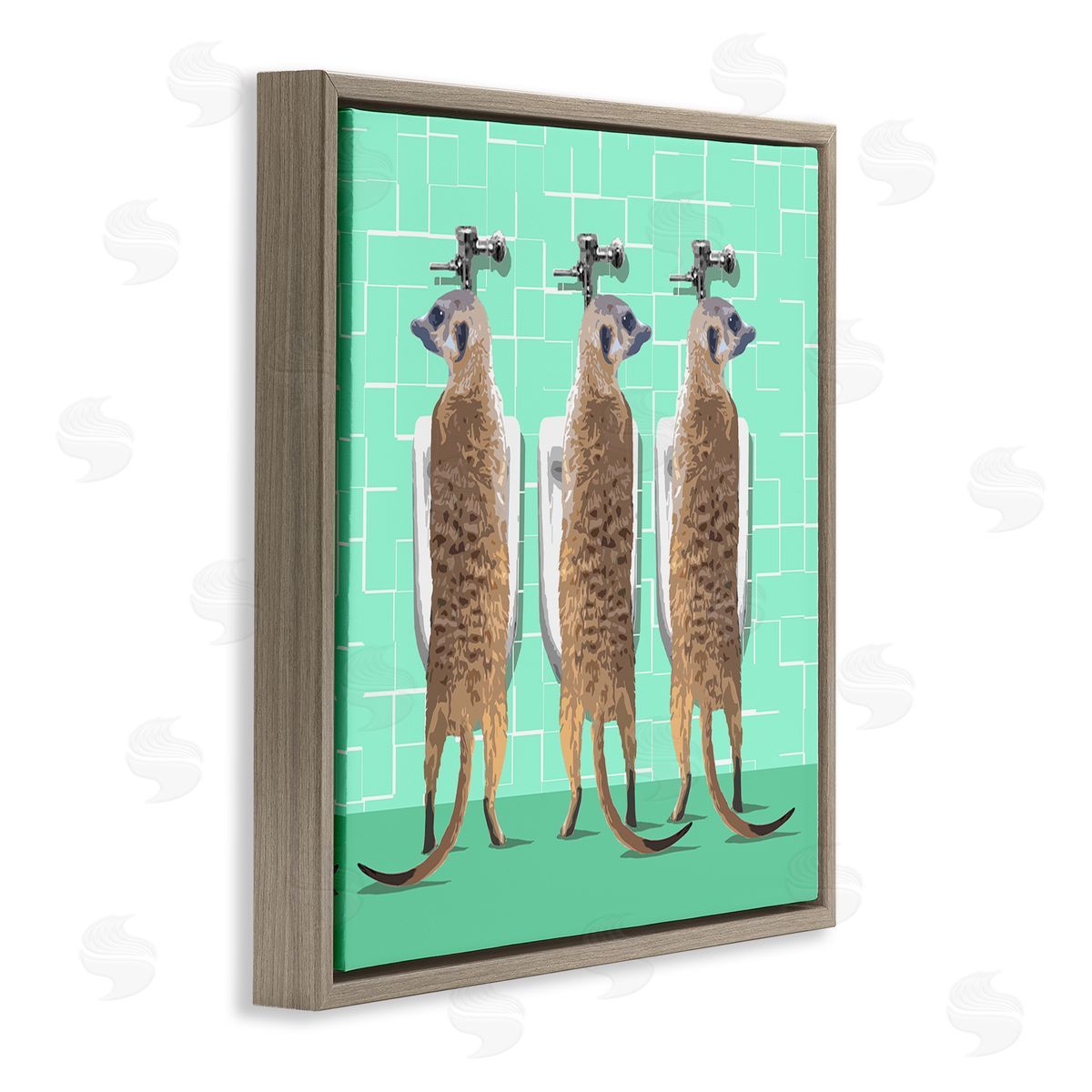 Noah Bay Funny Meerkats Using Urinal Toilet Green Shapes Pattern Brown Floating Frame Canvas Wall Art Print