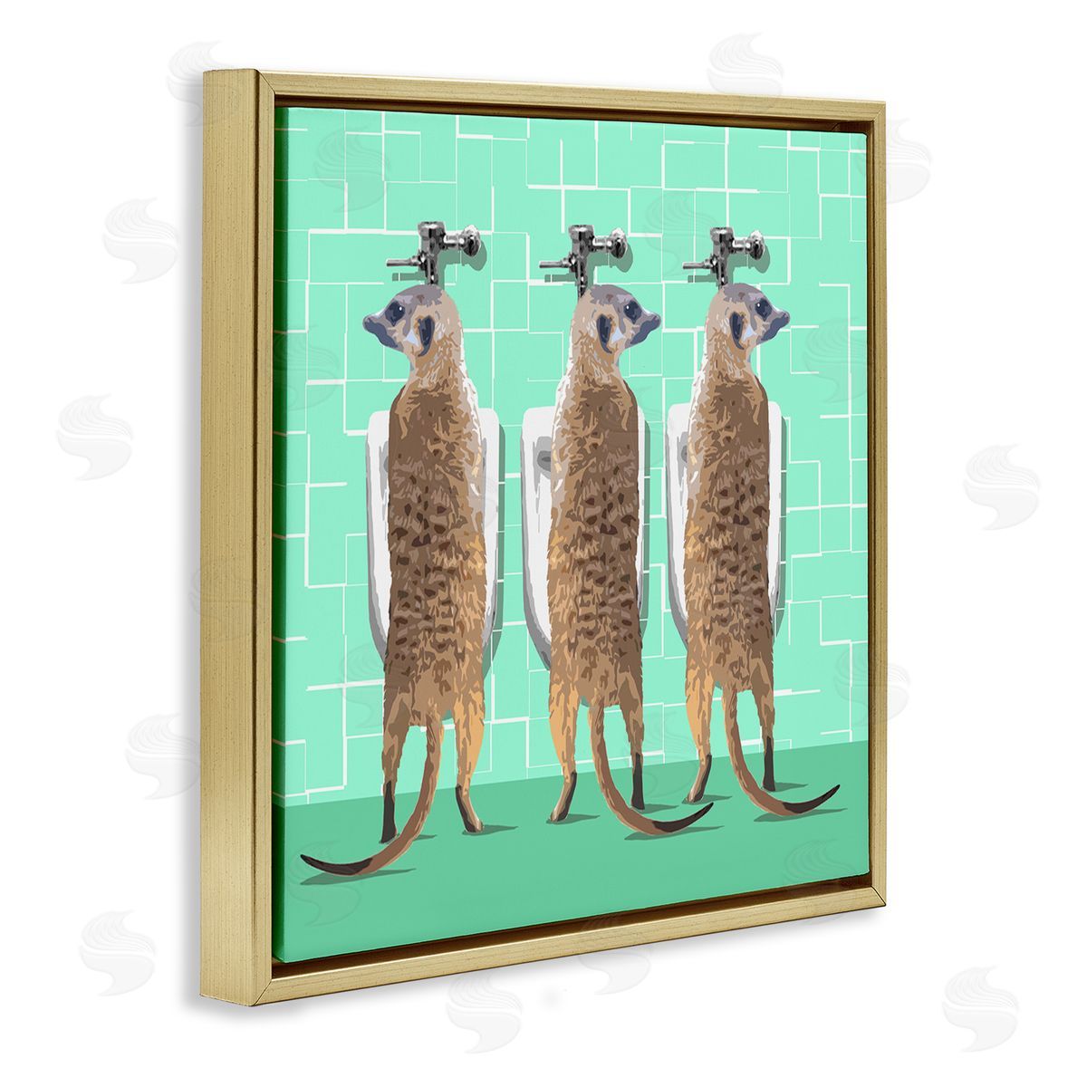 Noah Bay Funny Meerkats Using Urinal Toilet Green Shapes Pattern Gold Floating Frame Canvas Wall Art Print