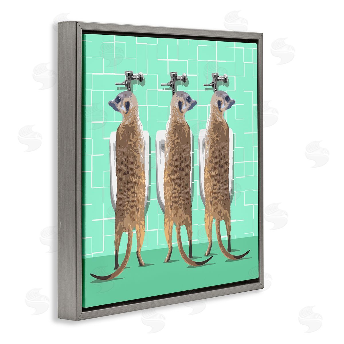 Noah Bay Funny Meerkats Using Urinal Toilet Green Shapes Pattern Gray Floating Frame Canvas Wall Art Print