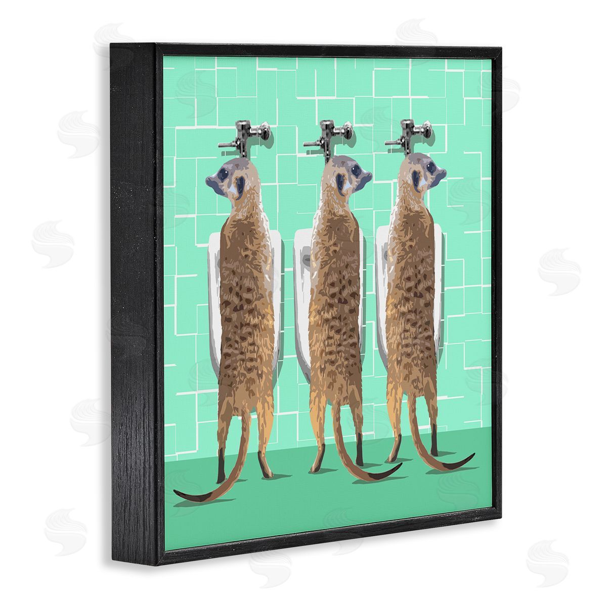Noah Bay Funny Meerkats Using Urinal Toilet Green Shapes Pattern Black Framed Glicee Wall Art Print