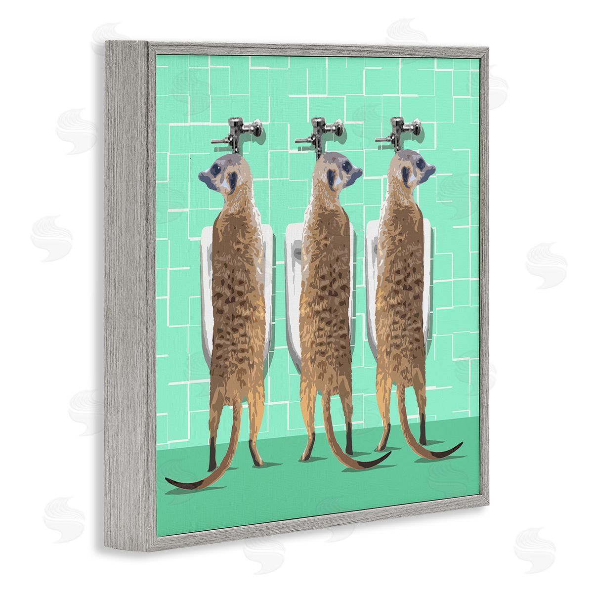 Noah Bay Funny Meerkats Using Urinal Toilet Green Shapes Pattern Gray Framed Glicee Wall Art Print